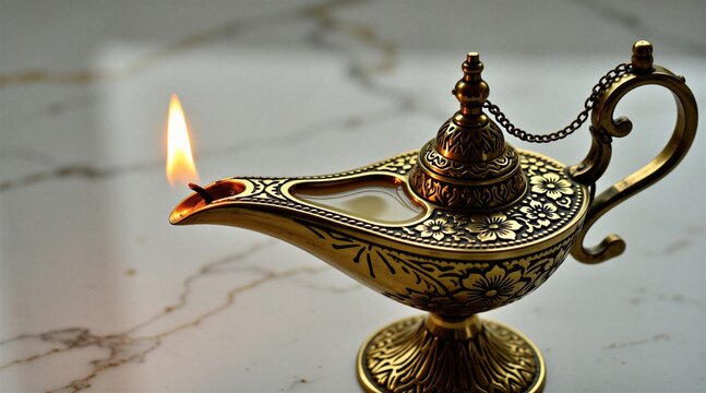 Lit brass oil lamp sits on white marble surface. Traditional decorative metal container features floral engravings. Small flame burns bright on antique wick during religious ritual ceremony. Cultural