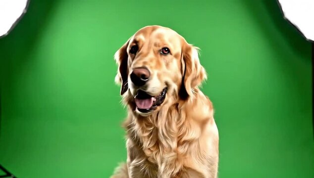 Golden retriever dog turning head slowly while sitting against bright green chroma key backdrop studio with side calm expression well behaved