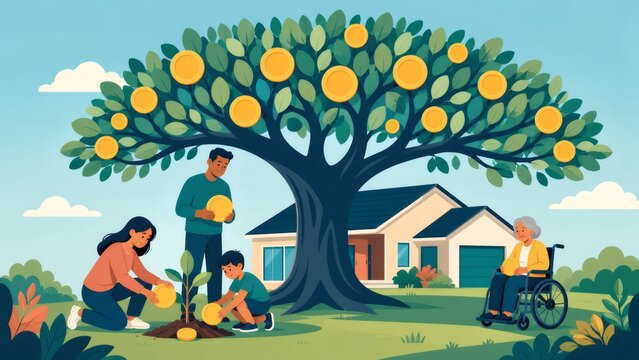 Family planting money tree, growing savings for financial future and generational wealth at home