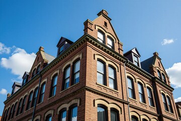 Fototapeta premium Low angle view of classic red brick building with architectural details against blue sky. Multi story construction features historical masonry facades, large arched windows with attic dormers.