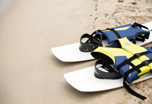 Water sports and summer vacation concept, wakeboards with life vests on a sandy beach, outdoor recreation and adventure