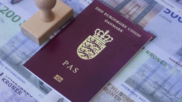 Denmark, Danish passport or id document with tickets for flight, travel. Danish passport