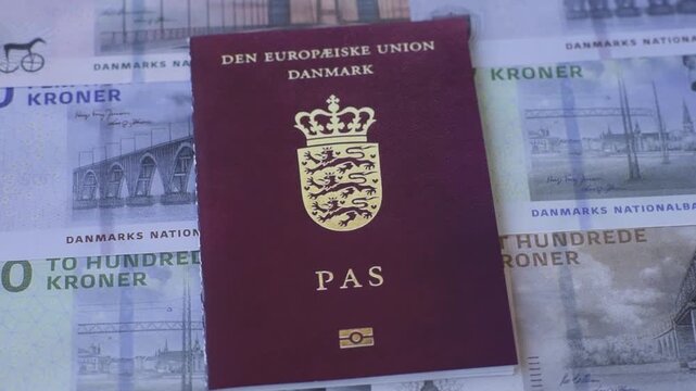 Denmark, Danish passport or id document with tickets for flight, travel. Danish passport