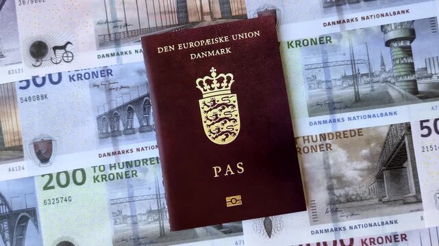 Denmark, Danish passport or id document with tickets for flight, travel. Danish passport