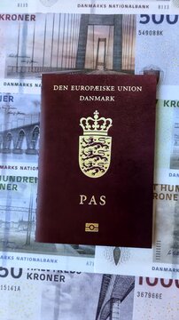 Denmark, Danish passport or id document with tickets for flight, travel. Danish passport