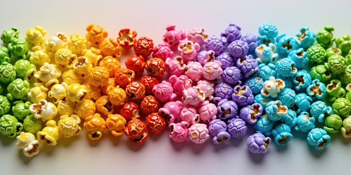 Heap of vibrant multicolored popcorn grains arranged in gradient line on white surface. Crunchy snack pieces feature bright rainbow hues including red orange yellow green blue, purple shades. Sweet