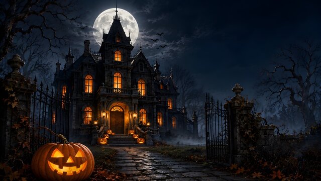 Spooky haunted mansion with glowing jack-o'-lanterns under a full moon