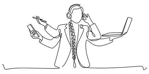 Fototapeta premium Continuous line drawing of a busy business person multitasking with many hands using a phone laptop and pen isolated on a white background Vector, illustration