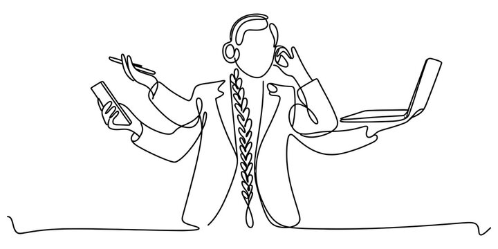 Continuous line drawing of a busy business person multitasking with many hands using a phone laptop and pen isolated on a white background Vector, illustration