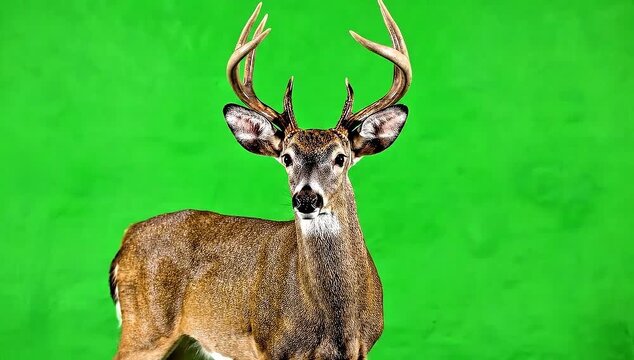 Majestic white tailed buck standing alert against vibrant solid green screen background studio setting with impressive antlers standing looking around