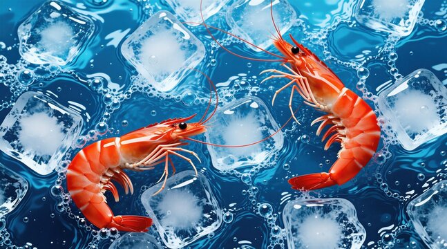 Two raw orange shrimps lie on transparent ice cubes inside cold blue water. Fresh seafood ingredients float in liquid with bubbles. Healthy ocean crustaceans ready for culinary cooking. Frozen dinner