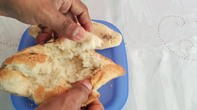Opening Crusty Bread Roll and Removing Soft White Breadcrumbs