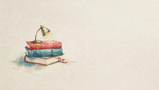 Watercolor illustration of stacked books with desk lamp on top evoking study with creating serene intellectual mood neutral background depicts delicate watercolor