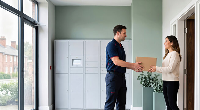 Male courier handing cardboard box parcel to female customer inside modern apartment building lobby. Delivery service worker giving package to resident near automated parcel locker system