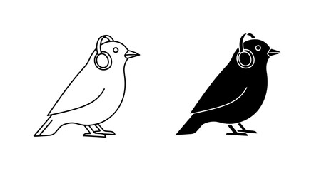 Fototapeta premium Minimalist Bird Icons, Outline and Silhouette, Listening to Music with Headphones, Simple Vector Graphics