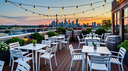 Fototapeta premium Modern rooftop terrace with white furniture, bistro tables overlooks city skyline at golden sunset. String lights hang above outdoor deck area with wooden flooring, decorative plants. Urban space