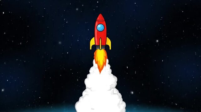 Cartoon Rocket Launching into Space with Fiery Exhaust and Clouds.