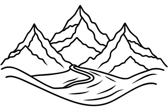 Simple mountain range with winding river illustration