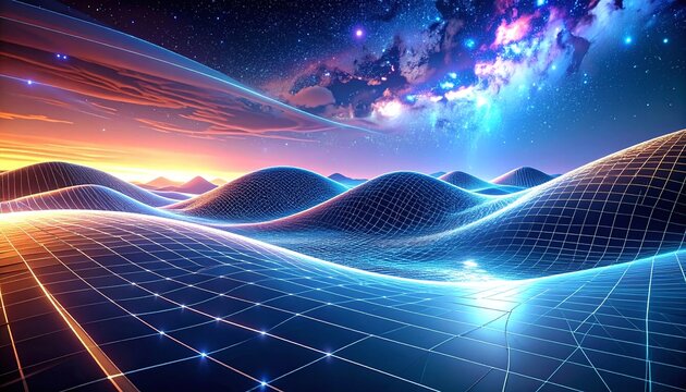 Glowing neon wireframe landscape under a breathtaking cosmic sky with colorful nebula. Nobody appears in this futuristic digital grid background representing AI and virtual reality.