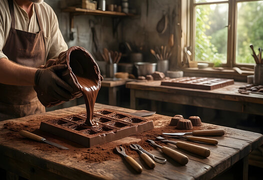 Artisan chocolate making process, chocolatier pouring melted chocolate into molds on a rustic wooden table in a workshop