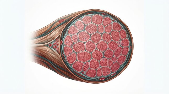 Microscopic view of a fascicle cross-section highlights the muscle fiber sarcomere structure with actin and myosin components visible.
