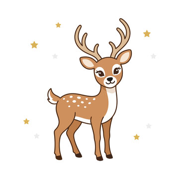 Cute brown deer with big antlers standing and looking happy