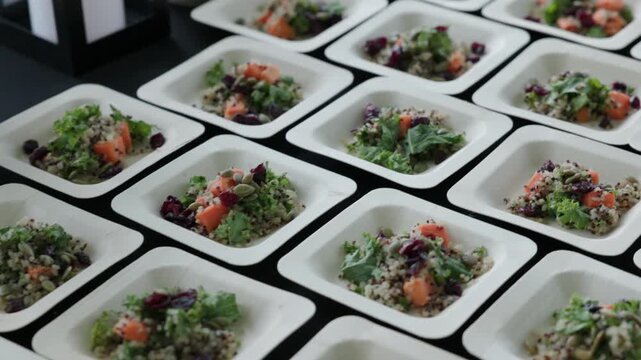 Rows of tri-color quinoa salad with kale, roasted sweet potato, dried cranberries and pumpkin seeds portioned into white square plates on a black table, photographed at a low angle