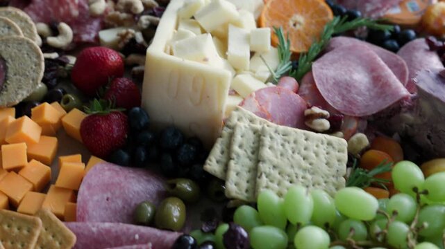 Overhead close-up of a charcuterie board with cured meats, assorted cheeses, crackers, olives, grapes, strawberries, blueberries, mandarin orange, dried apricots, nuts and fresh rosemary sprigs