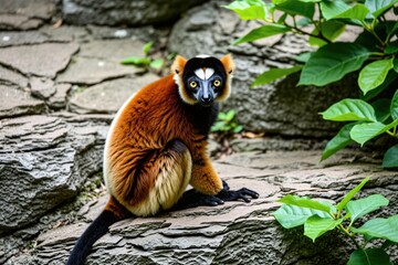 Naklejka premium Red ruffed lemur sits on rock ledge with green leaves nearby. Primate has orange fur black face and distinctive white crown marking. Animal at zoo habitat.