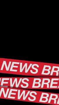 Red and white Breaking News ribbon banners scrolling diagonally on a transparent background, vertical seamless loop with alpha channel for broadcast and news social media stories