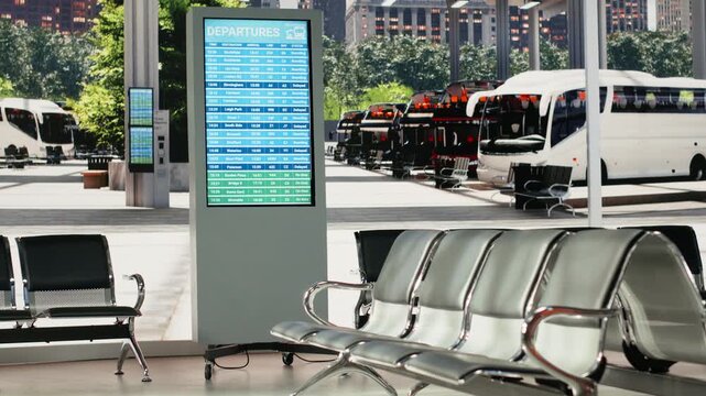 Empty bus terminal seats face a digital departure board showing routes, with a waiting area where passengers check urban travel information before departure.