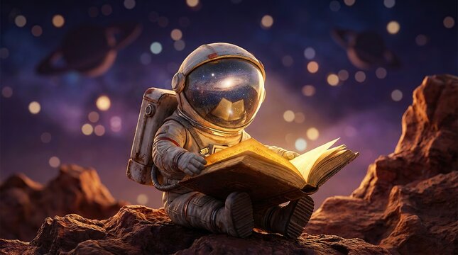 A small childlike robot reading a book in a cosmic landscape with against cosmic backdrop