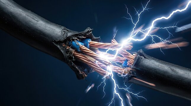 Close up of a damaged electrical cable sparking with blue lightning effects
