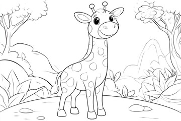 Naklejka premium Cute cartoon giraffe coloring page for kids featuring spots and friendly face in outdoor forest and mountain landscape.