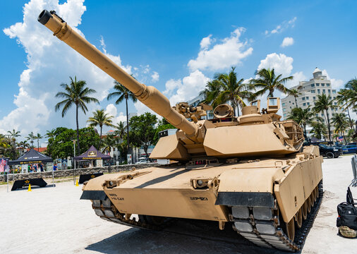 Miami, Florida, USA - May 23, 2025: M1 Abrams battle tank. Military machine M1 Abrams. Battle tank M1 Abrams outdoor, corner view.