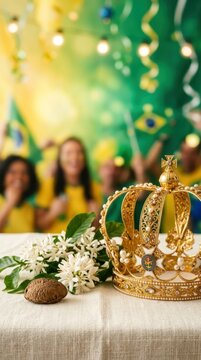 Golden crown, coffee flowers, and Brazil nut representing Brazilian Independence, symbolic cultural celebration for national heritage events