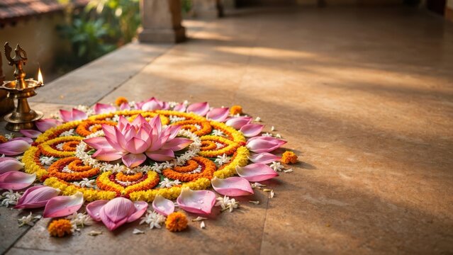 Floral Pookalam Rangoli with Lotus and Marigold Flowers for Onam Festival Celebration, Traditional Indian Cultural Home Decoration for Festive Rituals