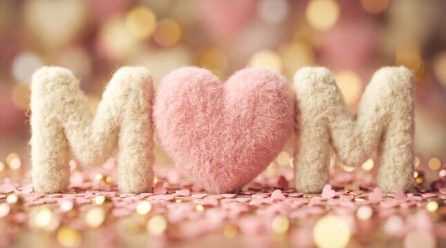Delicate soft focus close up of 'mom' with a heart with decorative letters spelling