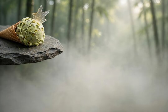 Pistachio ice cream cone on a stone ledge in a misty forest, National Ice Cream Cone Day celebration dessert concept for summer food photography and menu backgrounds