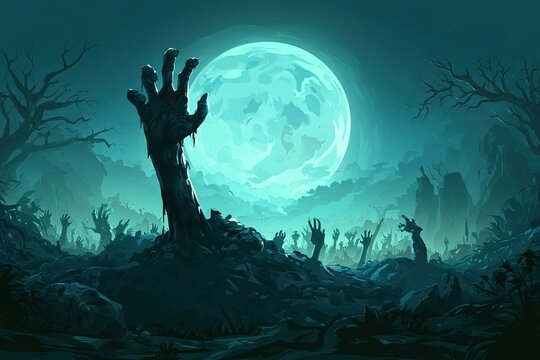 Reanimated hands rising from earth with a large teal moon, eerie Halloween scene, supernatural horror concept.