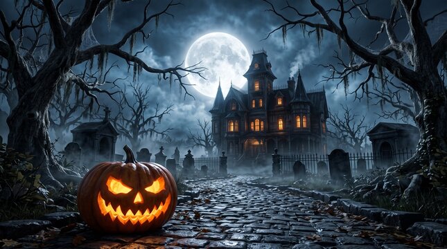 Halloween background with pumpkins and haunted house - 3D render. Halloween background with Evil Pumpkin. Spooky scary dark Night forrest. Holiday event halloween banner background concept