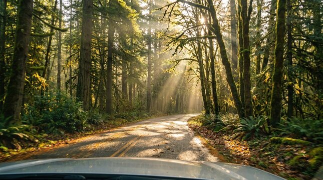 Serene winding road through lush green forest with sunlight streaming with road surrounded