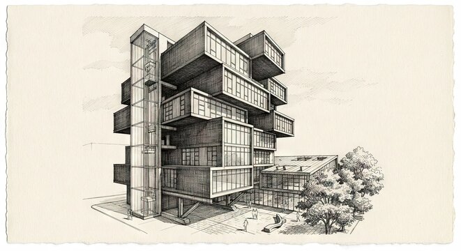 Architectural sketch of stacked modernist building with trees
