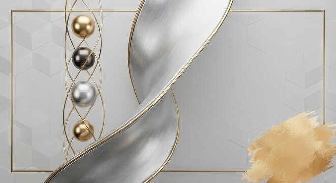 Silver ribbon with metallic spheres and gold accents abstract background
