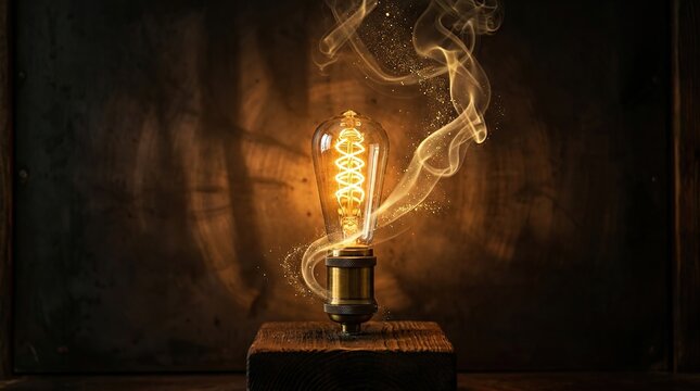 Vintage edison light bulb illuminating with warm glow with glow swirling smoke
