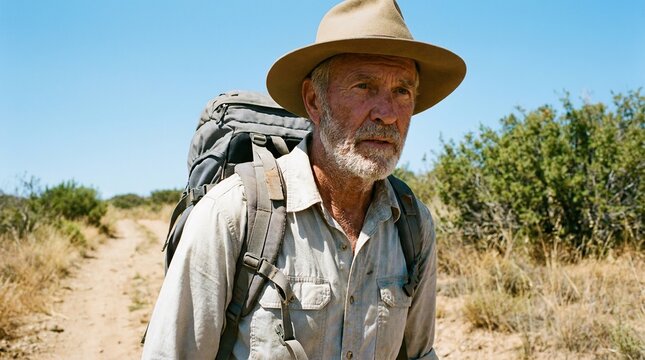 Determined older man hiking in a rugged landscape under clear blue skies