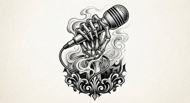 Skeletal hand gripping microphone with smoke