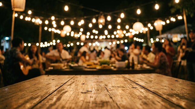 Cozy night gathering with festive lights and lively conversations at a wooden table