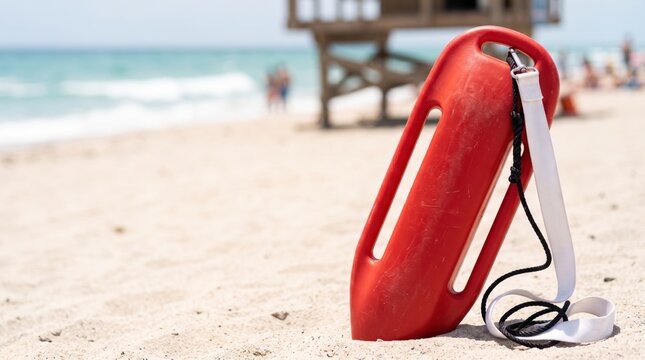 Lifeguard rescue can on sandy beach with ocean waves in background, vibrant red safety equipment resting on shore.