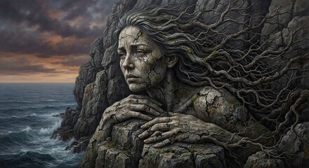 Fototapeta premium Stone woman sculpture carved into rocky ocean cliff 
